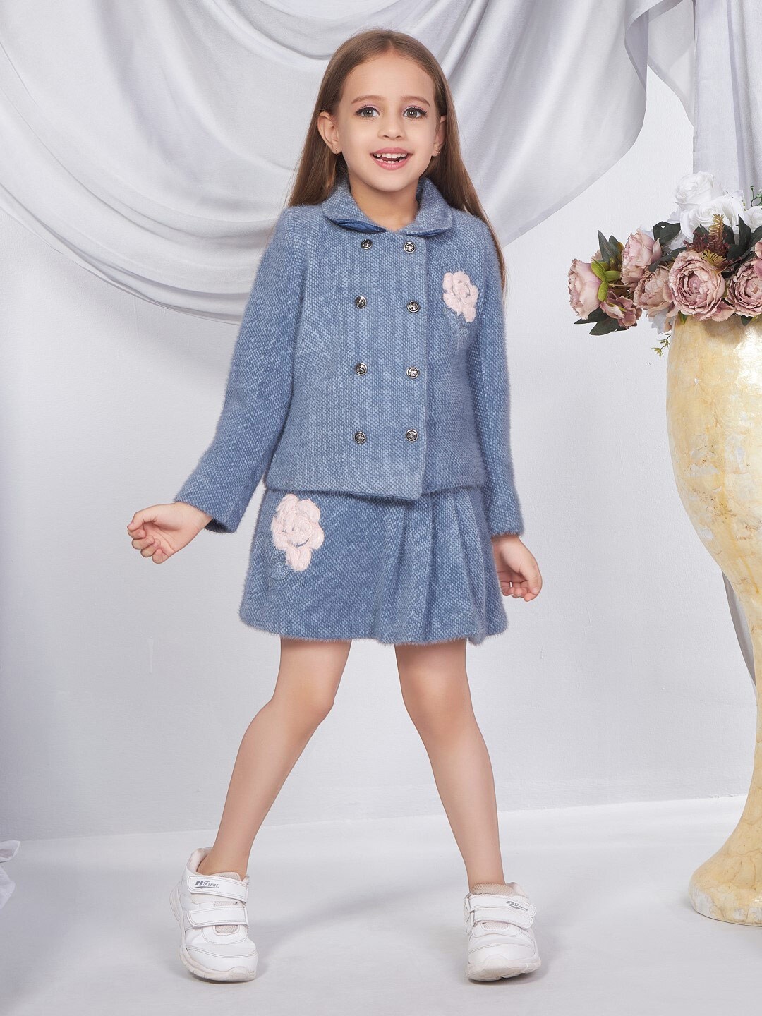 

Peppermint Girls Self Design Shirt Collar Top with Skirt, Blue