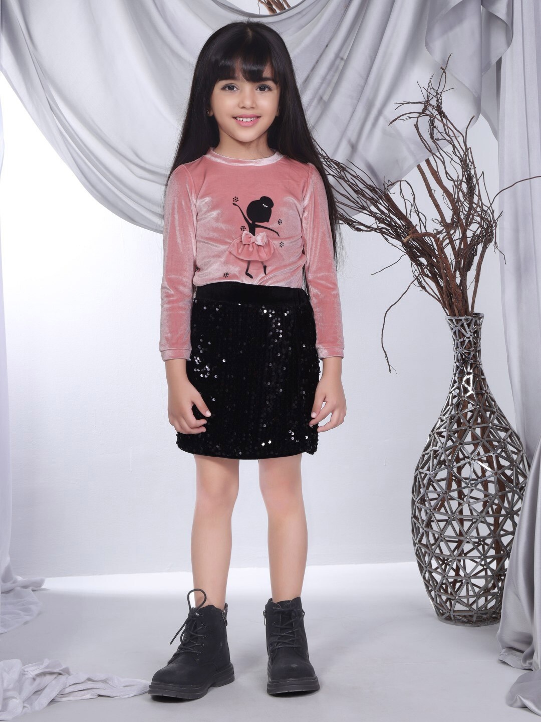 

Peppermint Girls Printed Top with Skirt, Peach