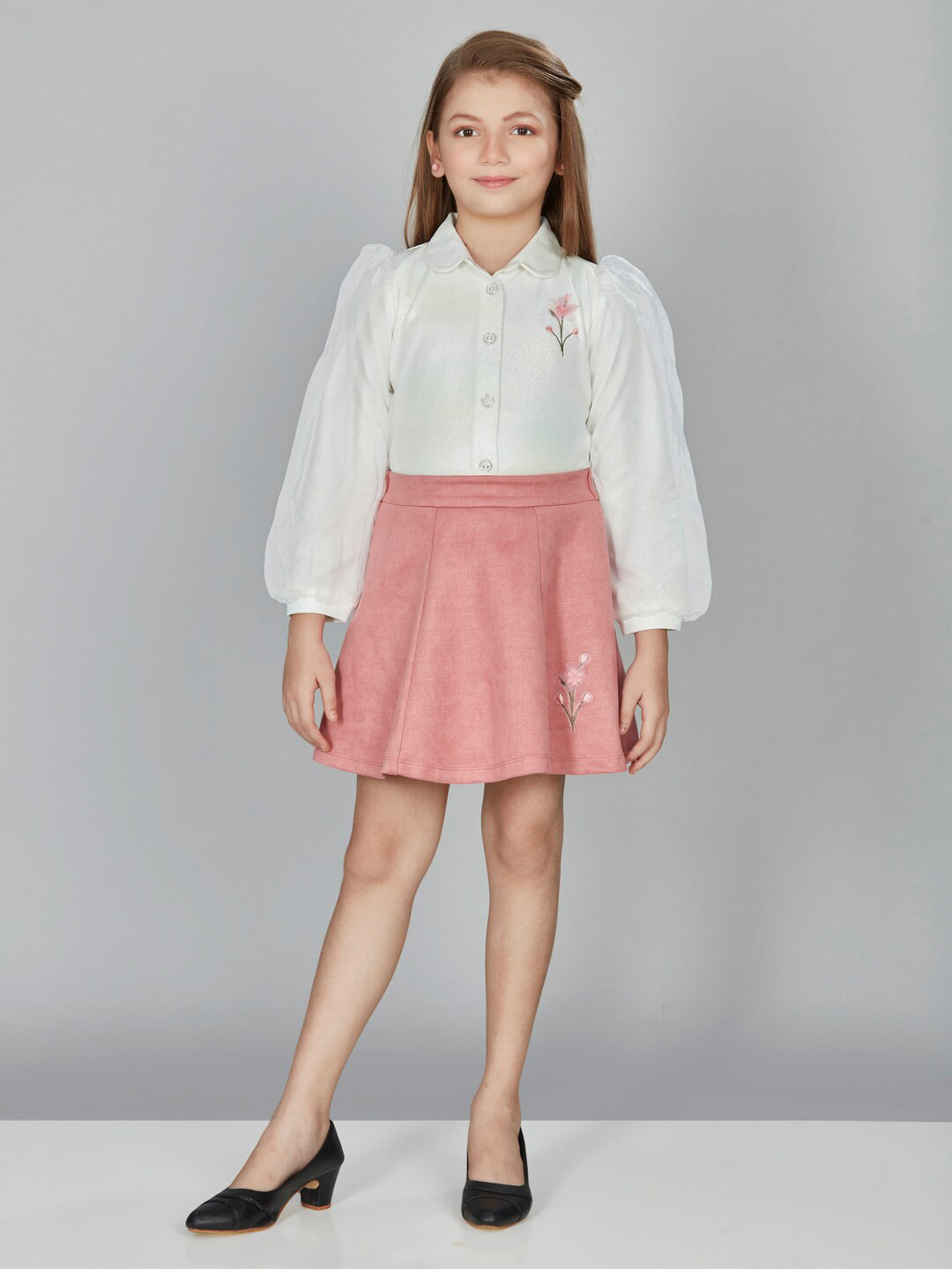 

Peppermint Girls Shirt Collar Top With Skirt, Peach