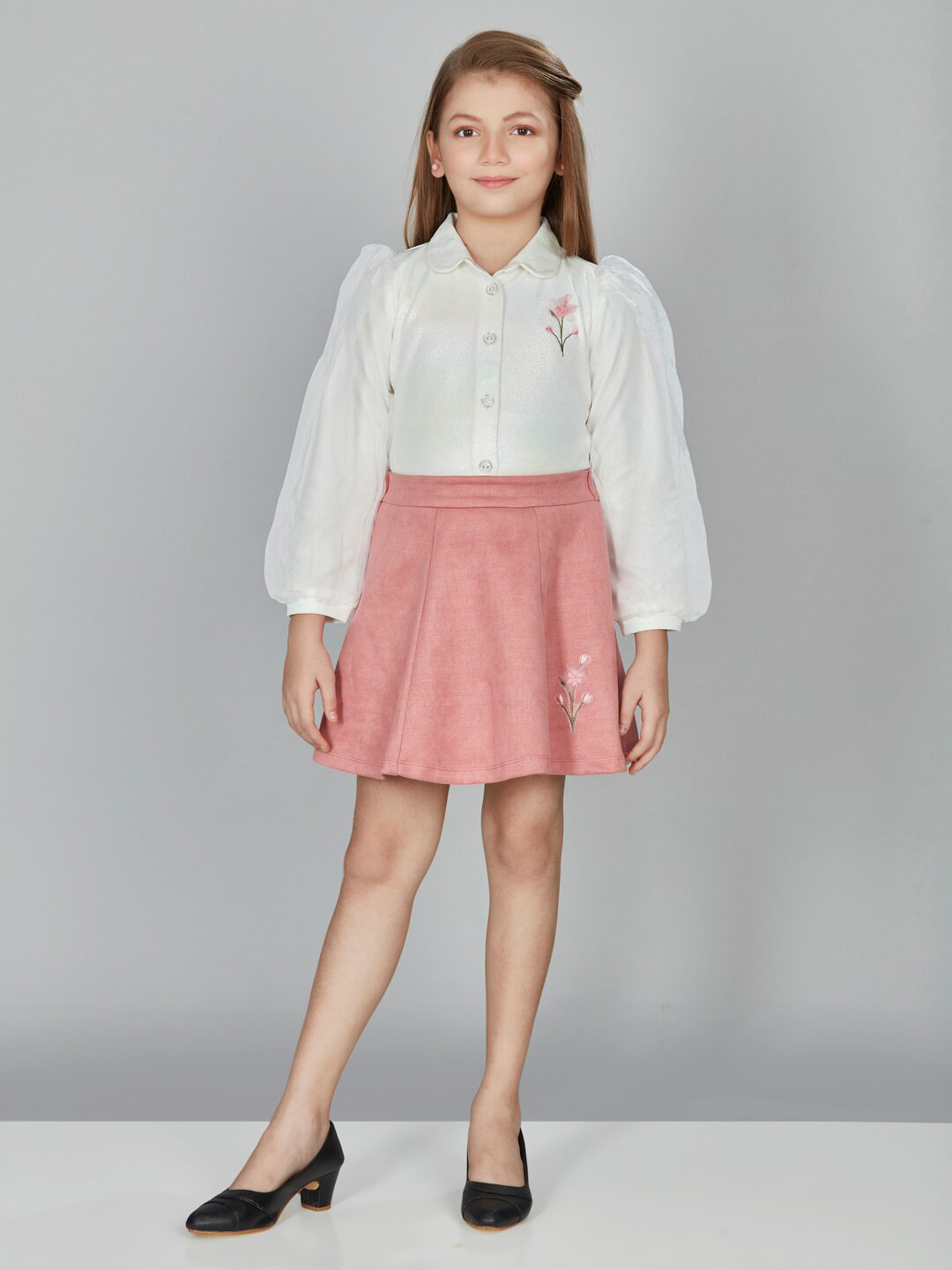 

Peppermint Girls Shirt Collar Top With Skirt, Peach