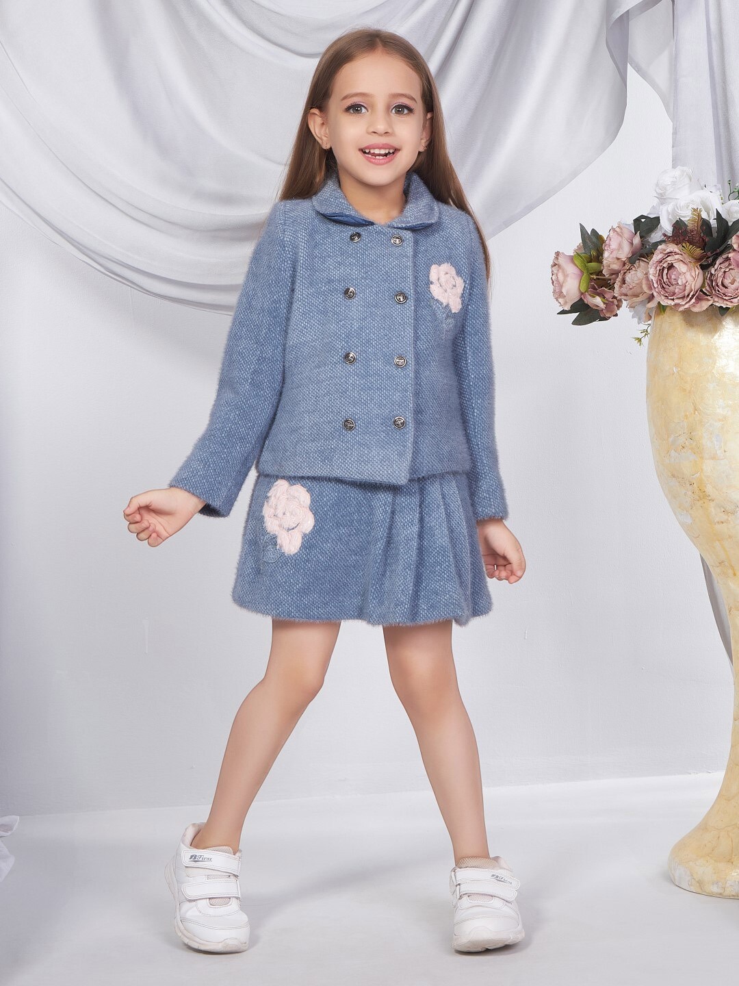 

Peppermint Girls Embroidered Top with Skirt, Blue
