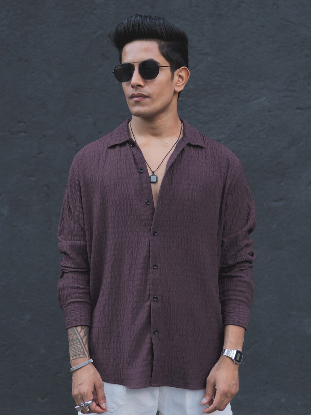 

Powerlook Spread Collar Opaque Knitted Casual Shirt, Burgundy