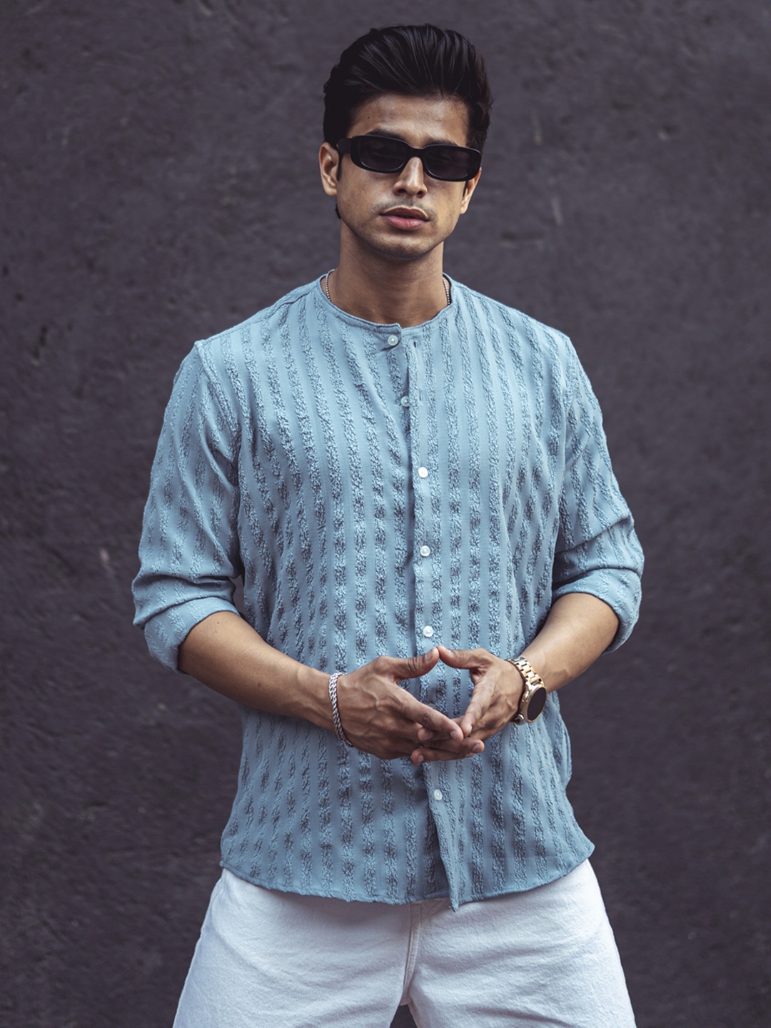 

Powerlook Grey Mandarin Collar Opaque Knitted Casual Shirt