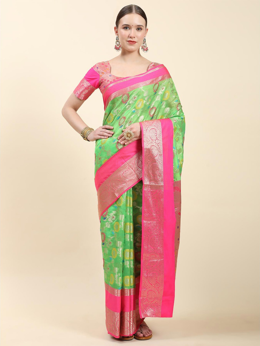 

Spetila Floral Woven Design Zari Pure Silk Kanjeevaram Saree, Sea green