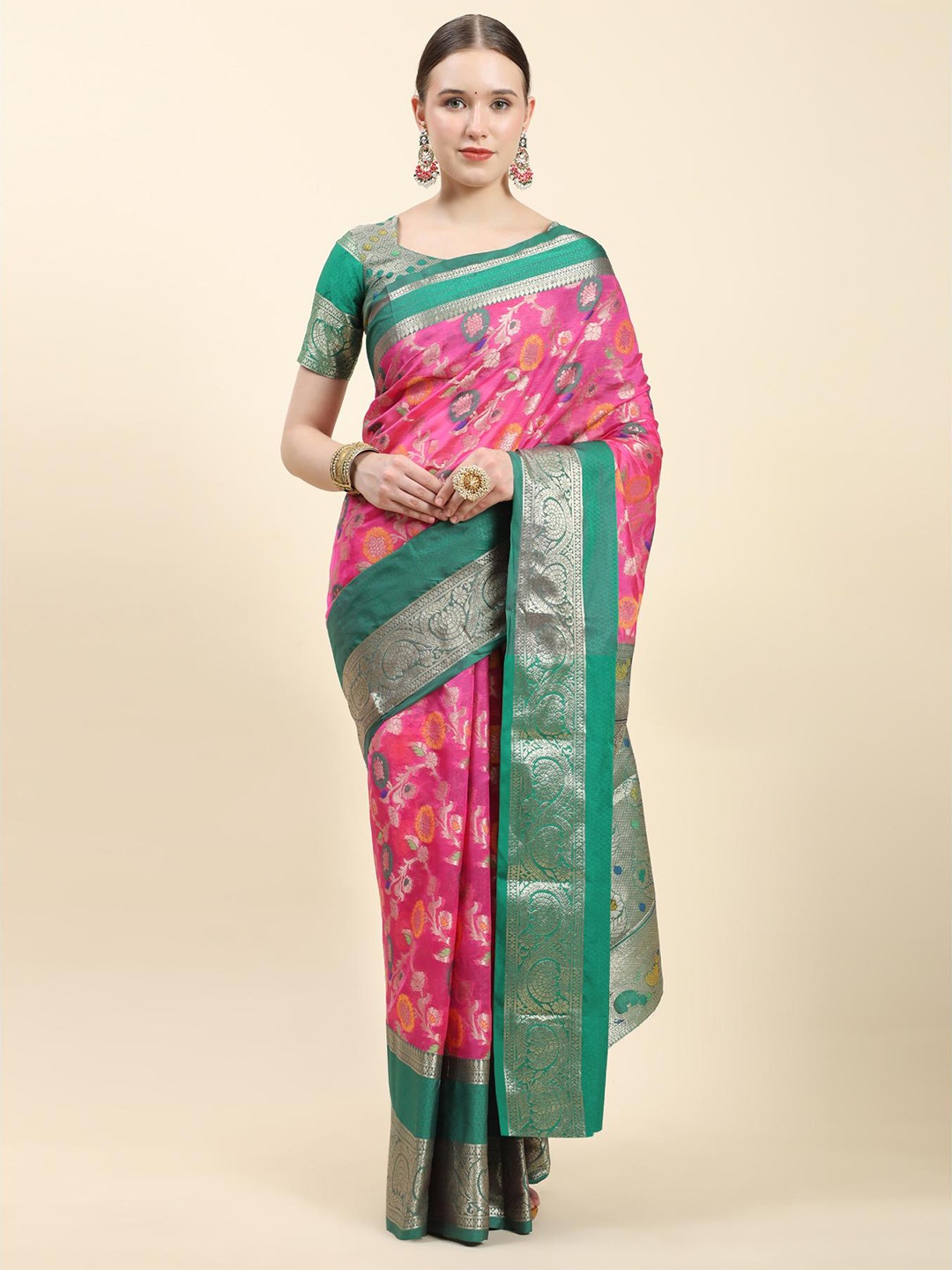 

Spetila Ethnic Woven Design Zari Pure Silk Kanjeevaram Saree, Pink