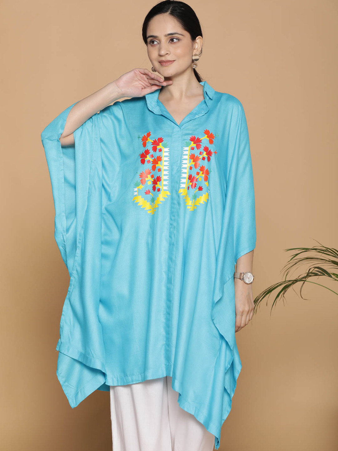 

LetsDressUp Floral Printed Shirt Collar Kaftan Kurti, Turquoise blue
