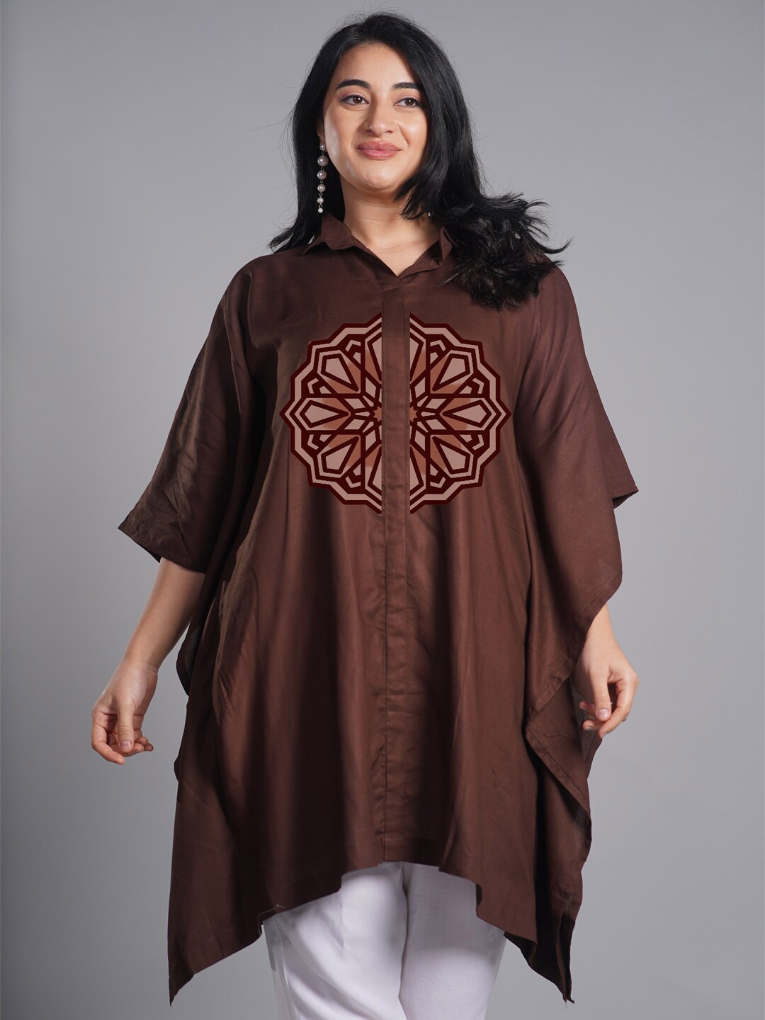 

LetsDressUp Mandala Printed Shirt Collar Kaftan Kurti, Brown