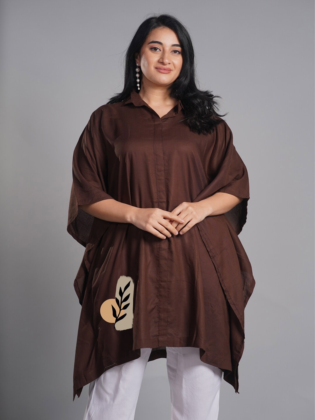 

LetsDressUp Printed Shirt Collar Kaftan Kurti, Brown