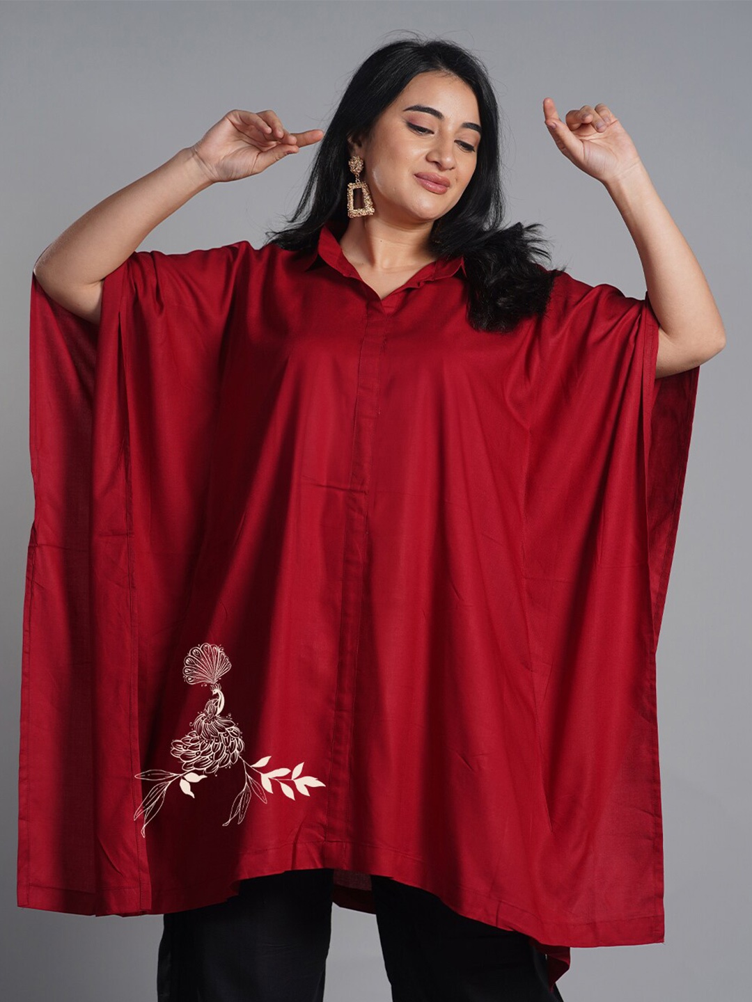 

LetsDressUp Printed Shirt Collar Kaftan Kurti, Maroon