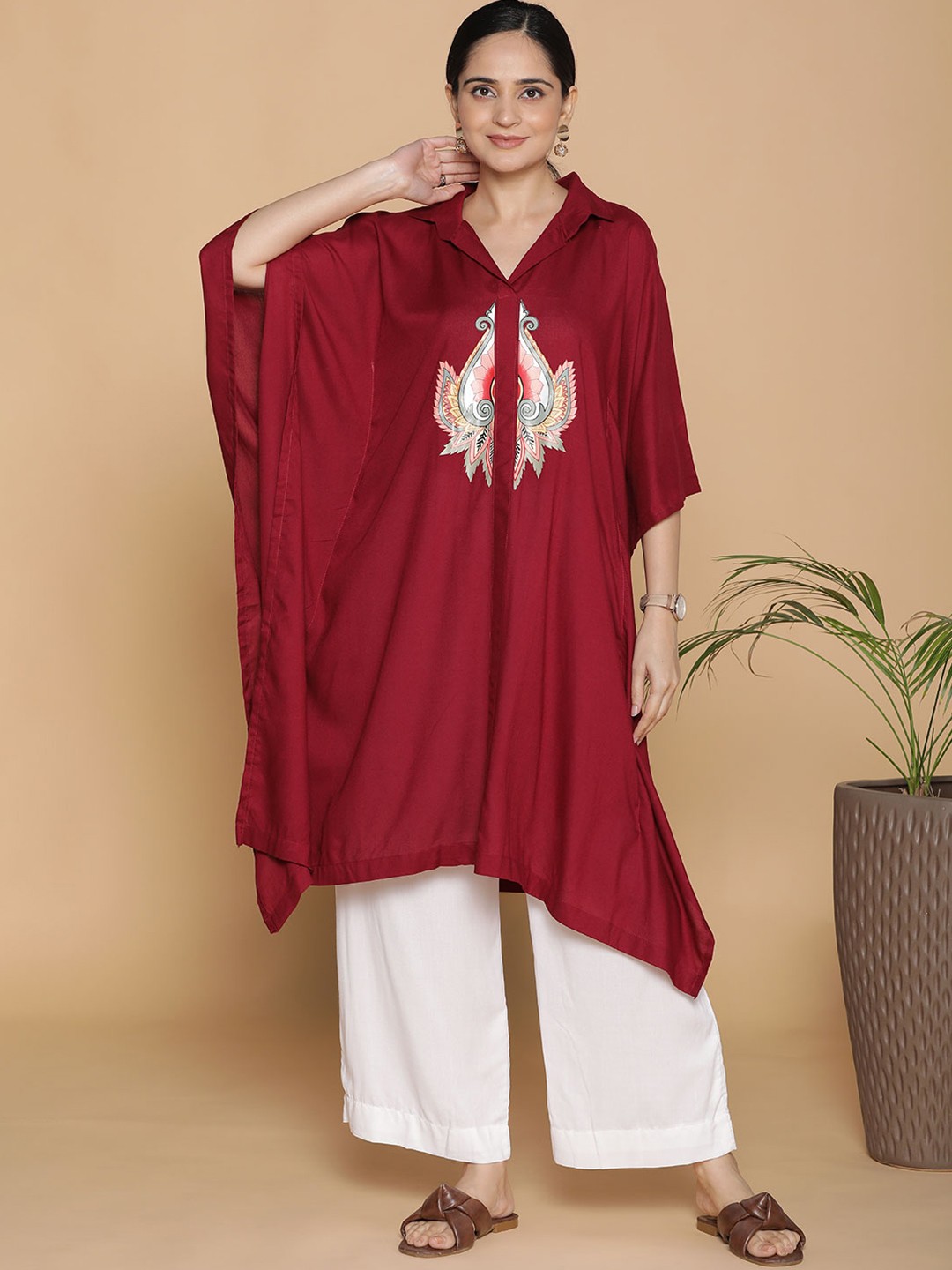 

LetsDressUp Printed Shirt Collar Kaftan Kurti, Maroon