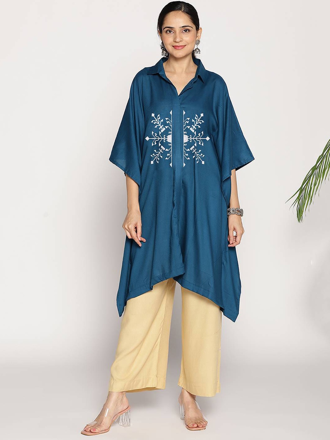 

LetsDressUp Printed Shirt Collar Kaftan Kurti, Teal