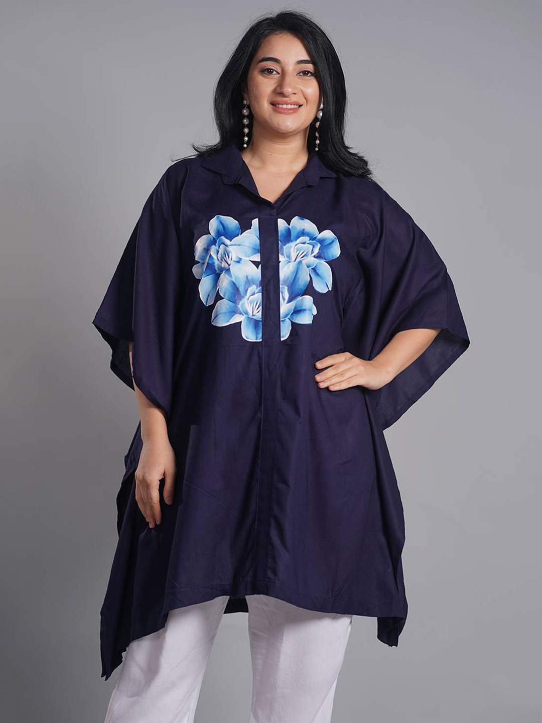 

LetsDressUp Printed Shirt Collar Kaftan Kurti, Navy blue