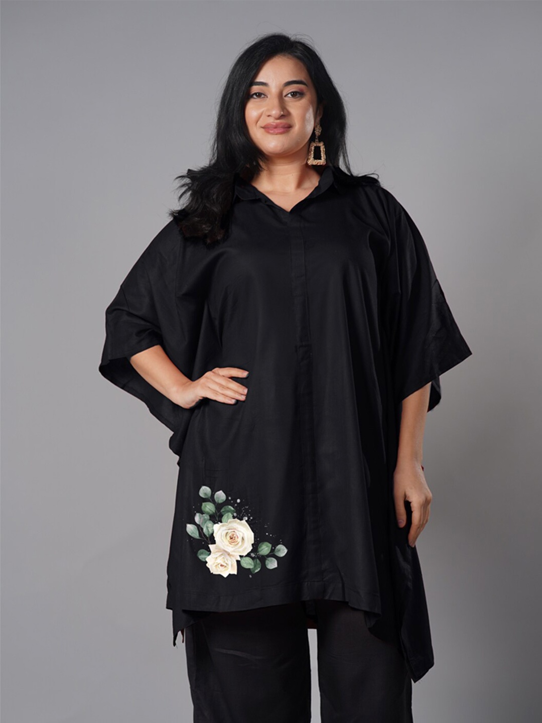 

LetsDressUp Printed Shirt Collar Kaftan Kurti, Black