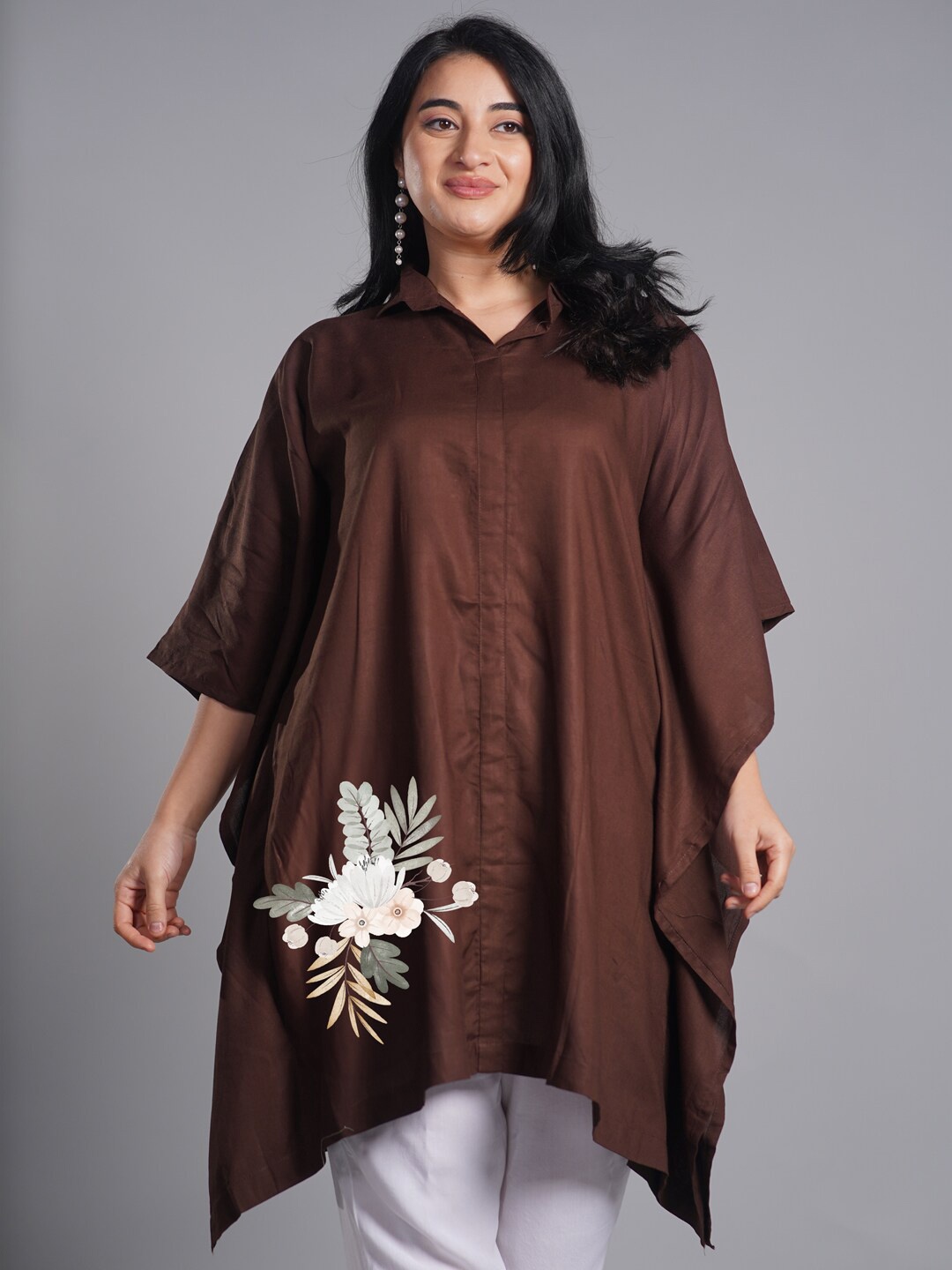 

LetsDressUp Printed Shirt Collar Kaftan Kurti, Brown