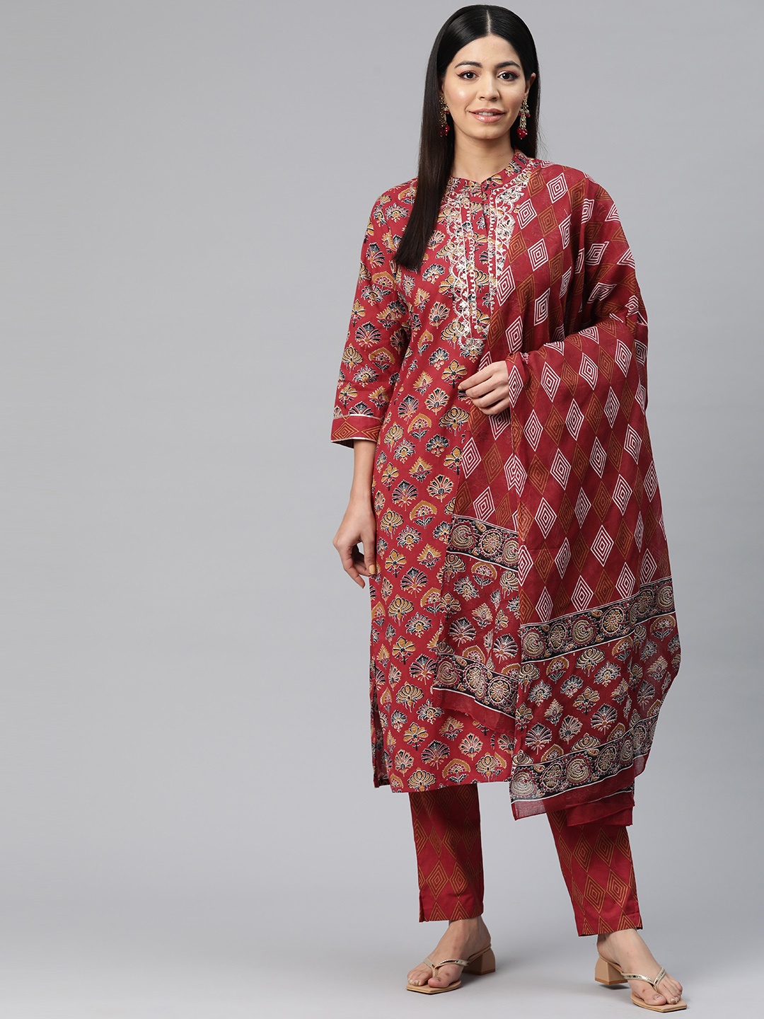 

Readiprint Floral Printed Zari Pure Cotton Kurta with Trousers & Dupatta, Red