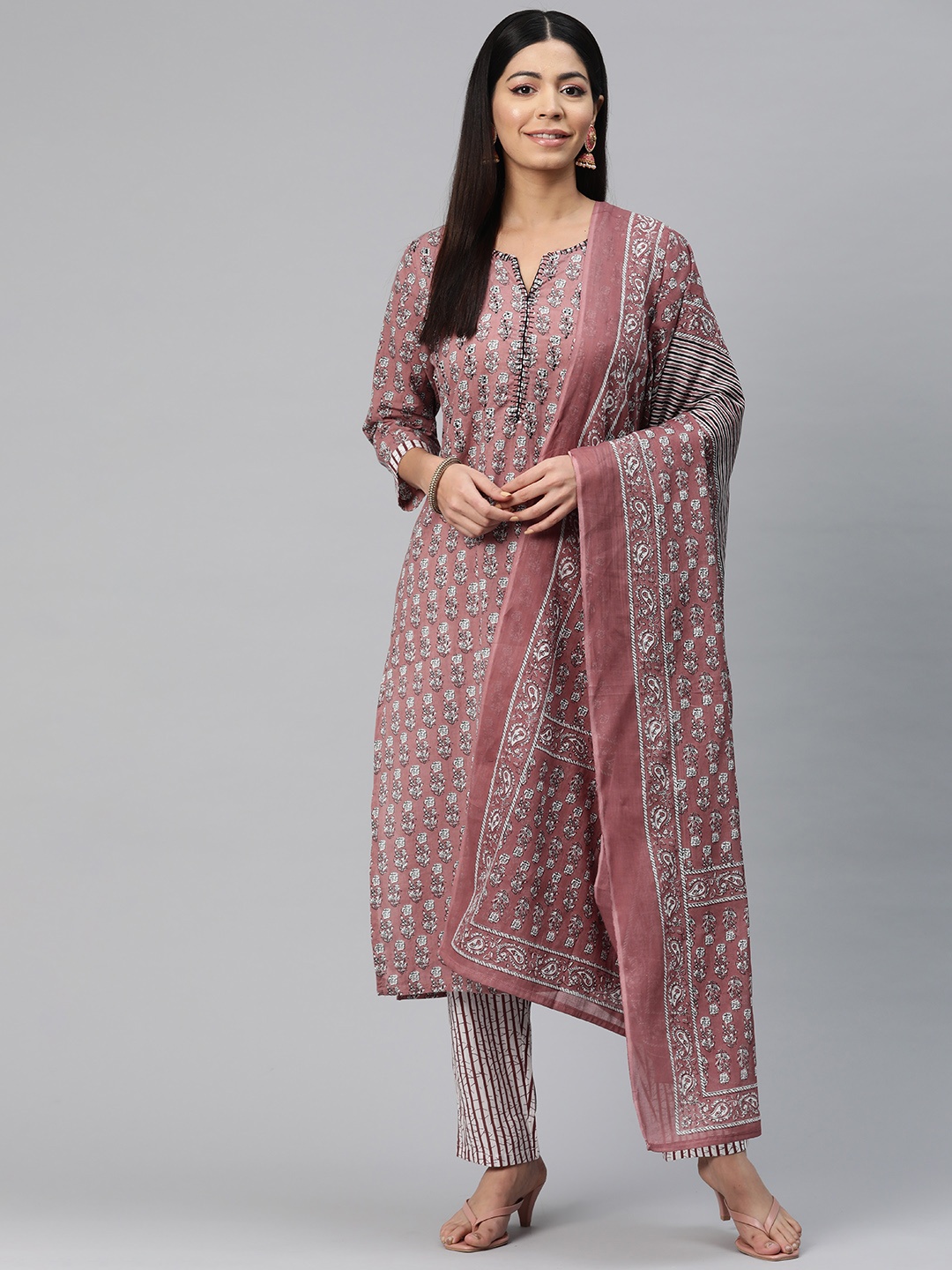 

Readiprint Floral Printed Sequinned Pure Cotton Kurta with Trousers & Dupatta, Mauve