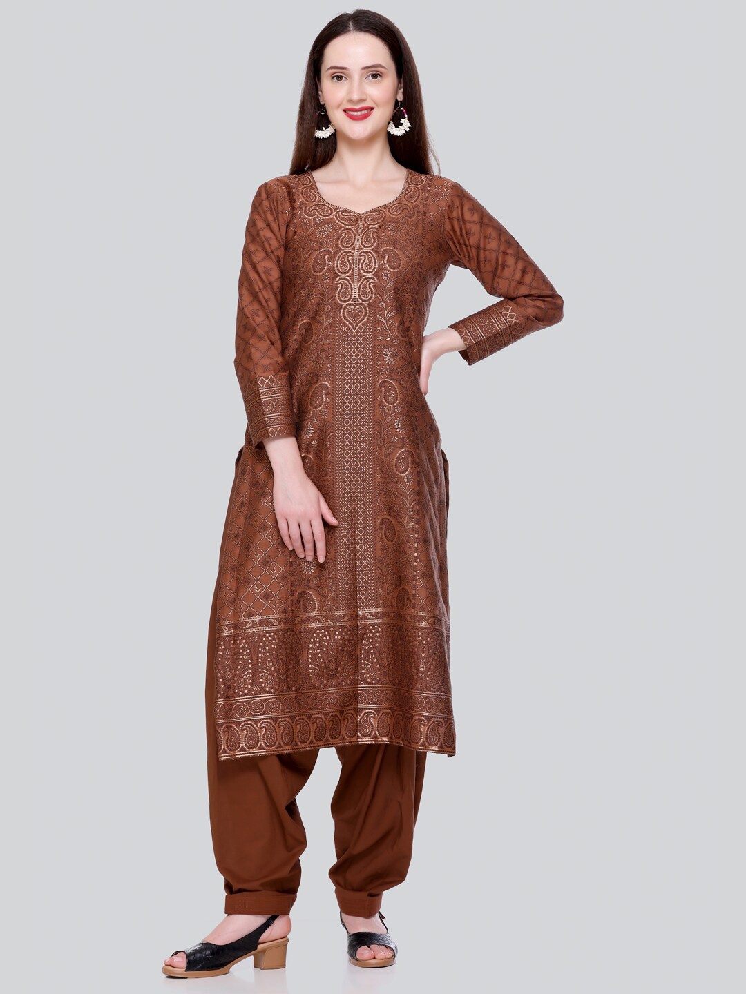 

KIDAR Ethnic Motif Woven Design Unstitched Dress Material, Brown