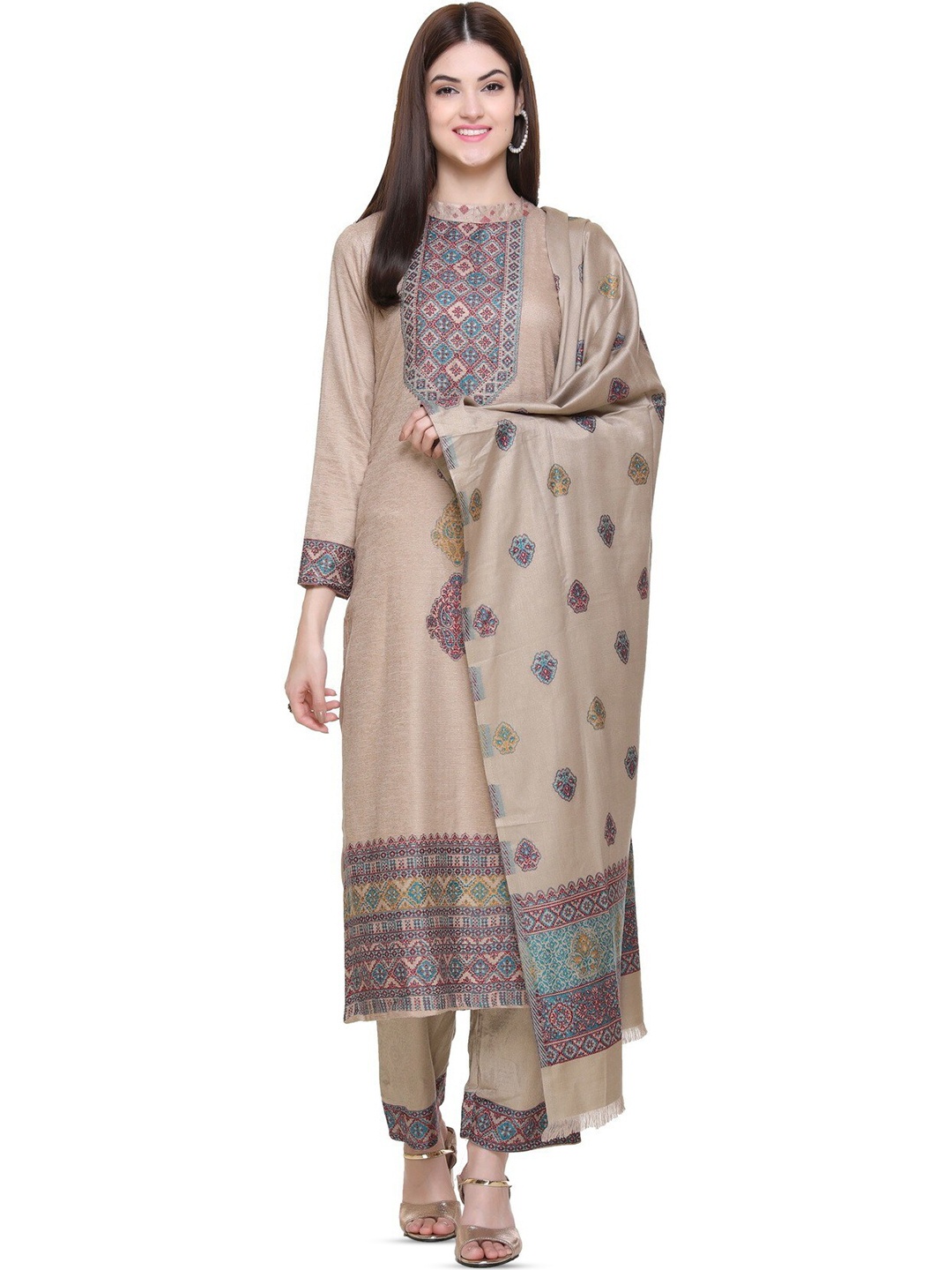 

KIDAR Ethnic Motif Woven Design Unstitched Dress Material, Beige