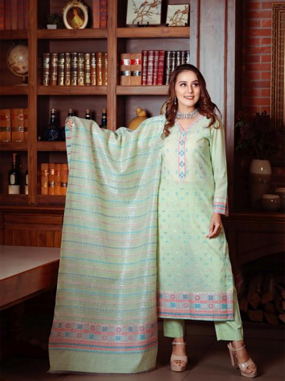 

KIDAR Ethnic Motifs Printed Unstitched Dress Material, Green