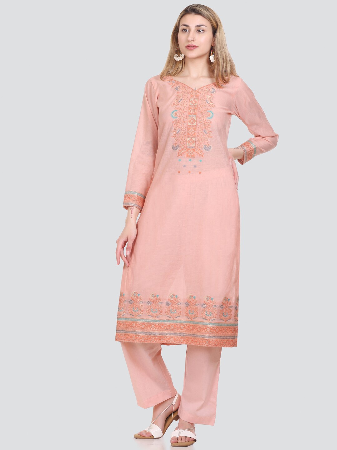 

KIDAR Floral Woven Design Unstitched Dress Material, Peach