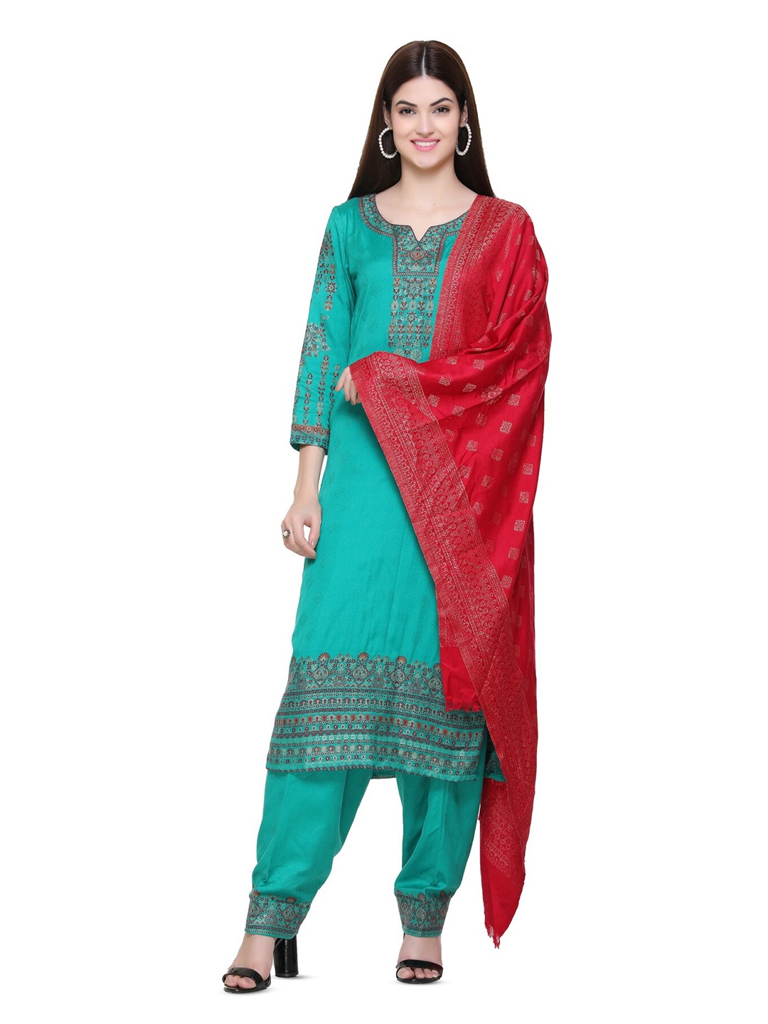 

KIDAR Ethnic Motifs Woven Design Unstitched Dress Material, Green