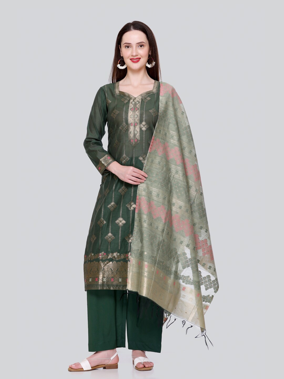 

KIDAR Ethnic Motifs Woven Design Unstitched Dress Material, Green