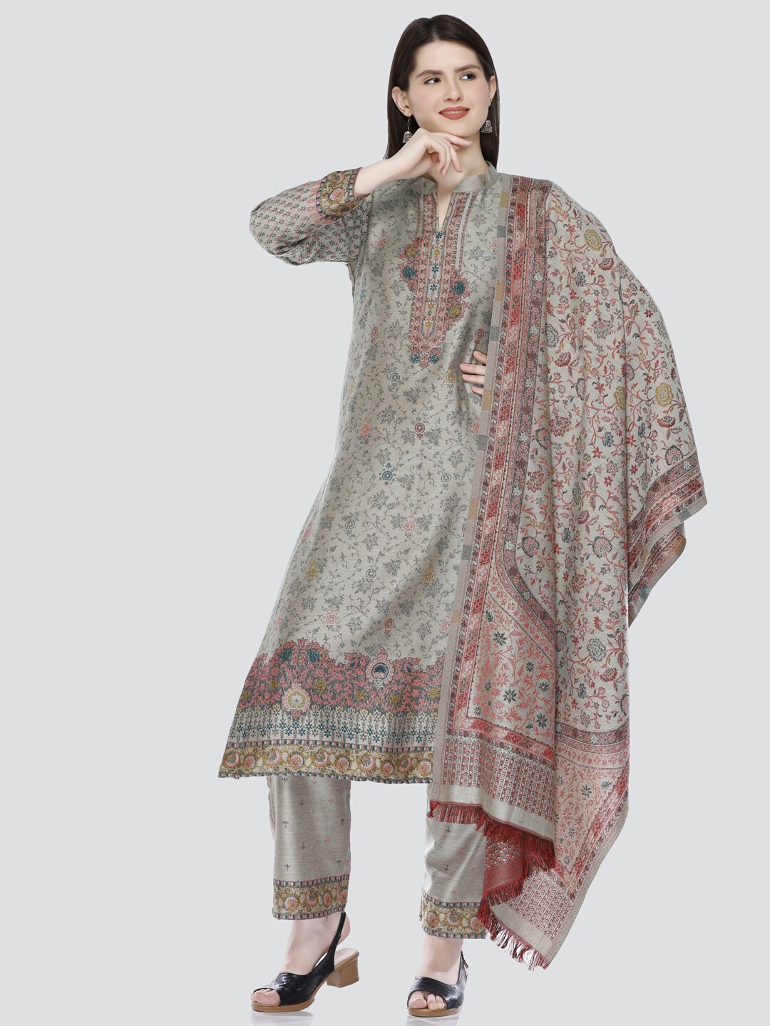 

KIDAR Ethnic Motifs Woven Design Unstitched Dress Material, Grey