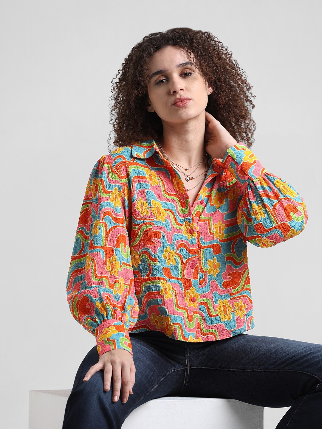 

ONLY Slim Fit Floral Printed Spread Collar Casual Shirt, Pink