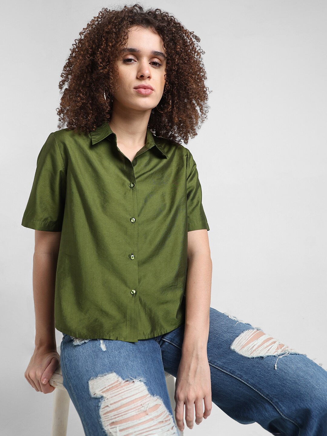 

ONLY Slim Fit Short Sleeves Spread Collar Casual Shirt, Green