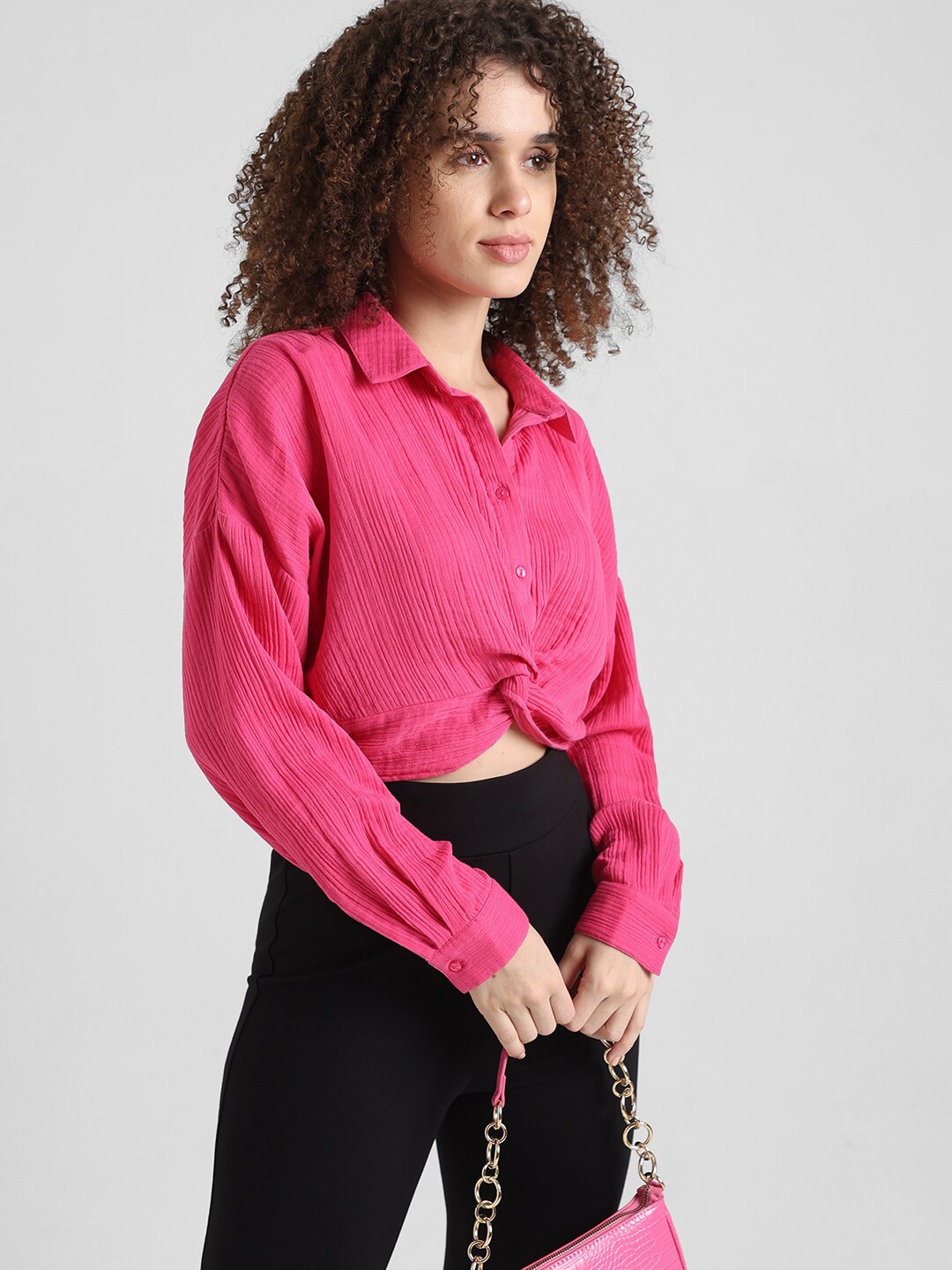 

ONLY Slim Fit Textured Twisted Detail Casual Pure Cotton Shirt, Pink