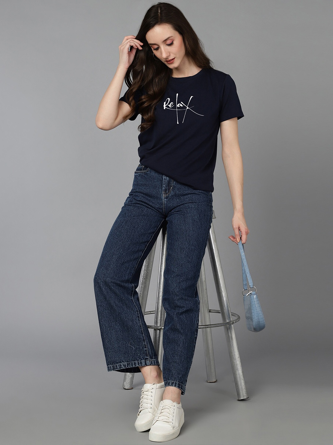 

Adyavastram Typography Printed Round Neck Cotton T-shirt, Navy blue