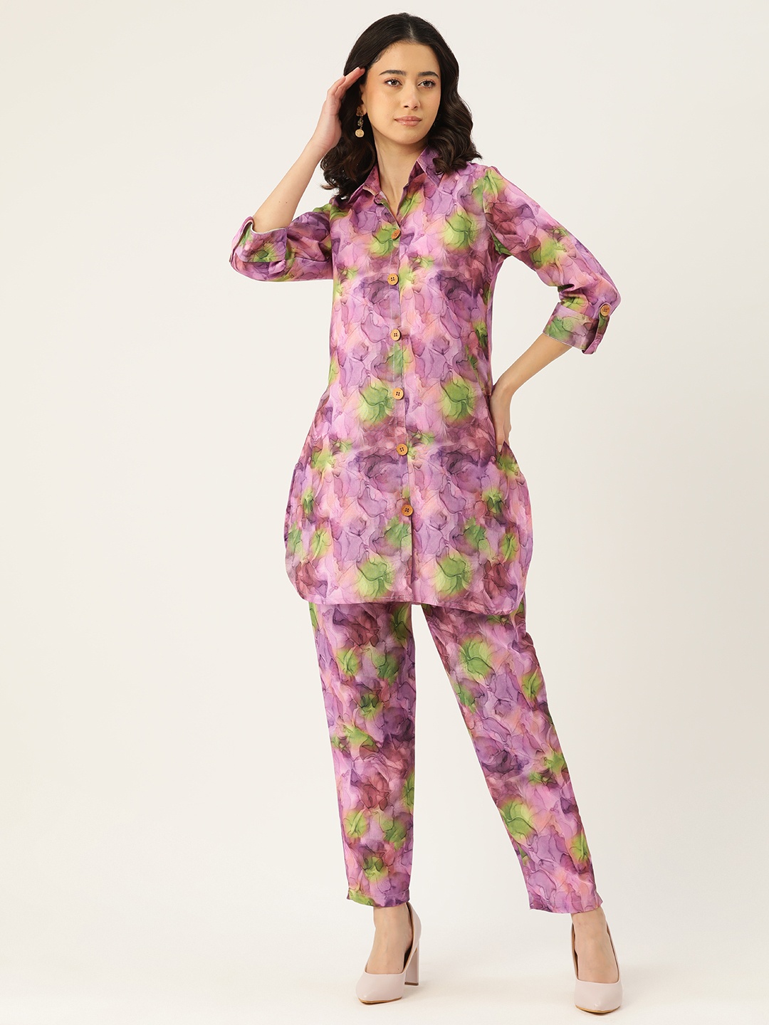 

Sleek Italia Women Floral Printed Tunic with Trousers, Purple