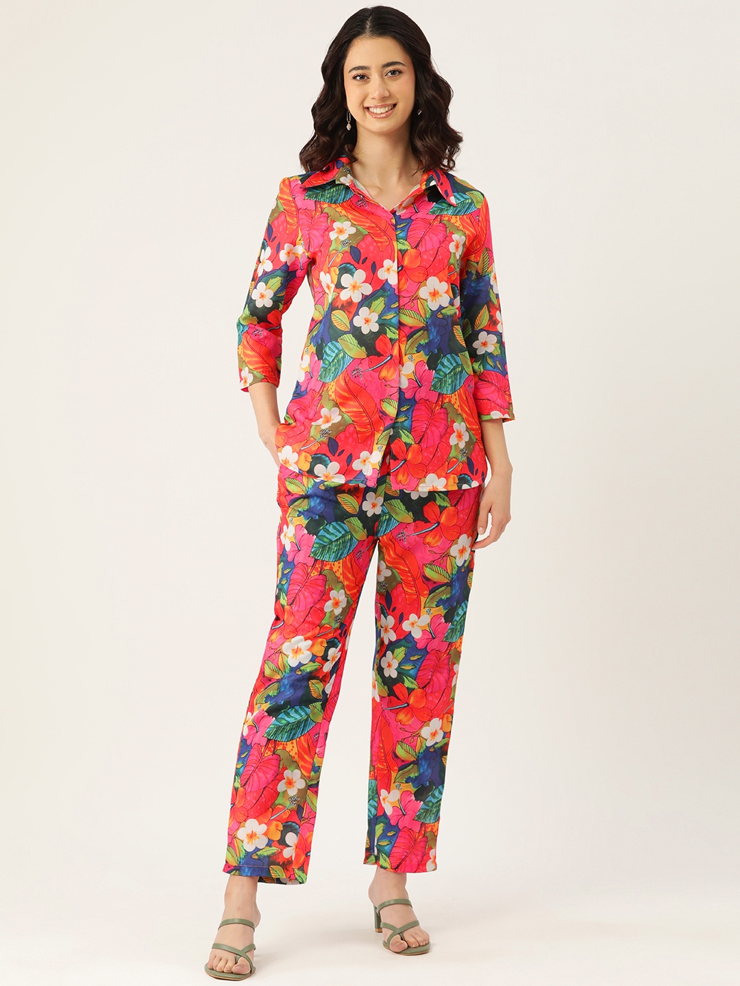 

Sleek Italia Women Floral Printed Shirt with Trousers, Red