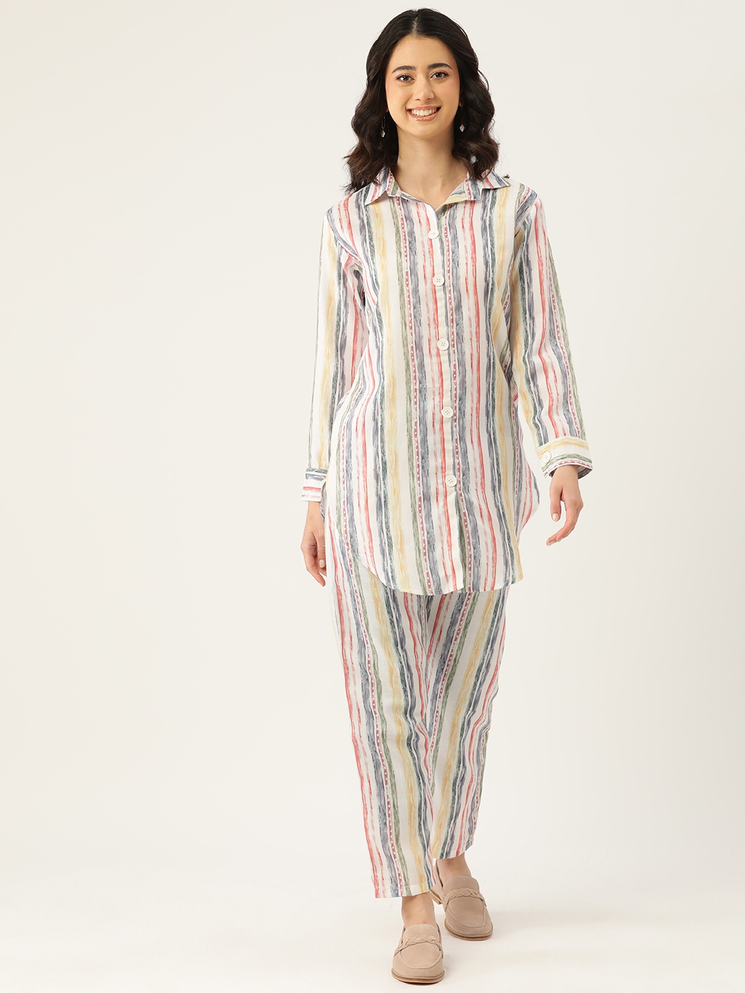 

Sleek Italia Women Striped Linen Tunic with Trousers, White