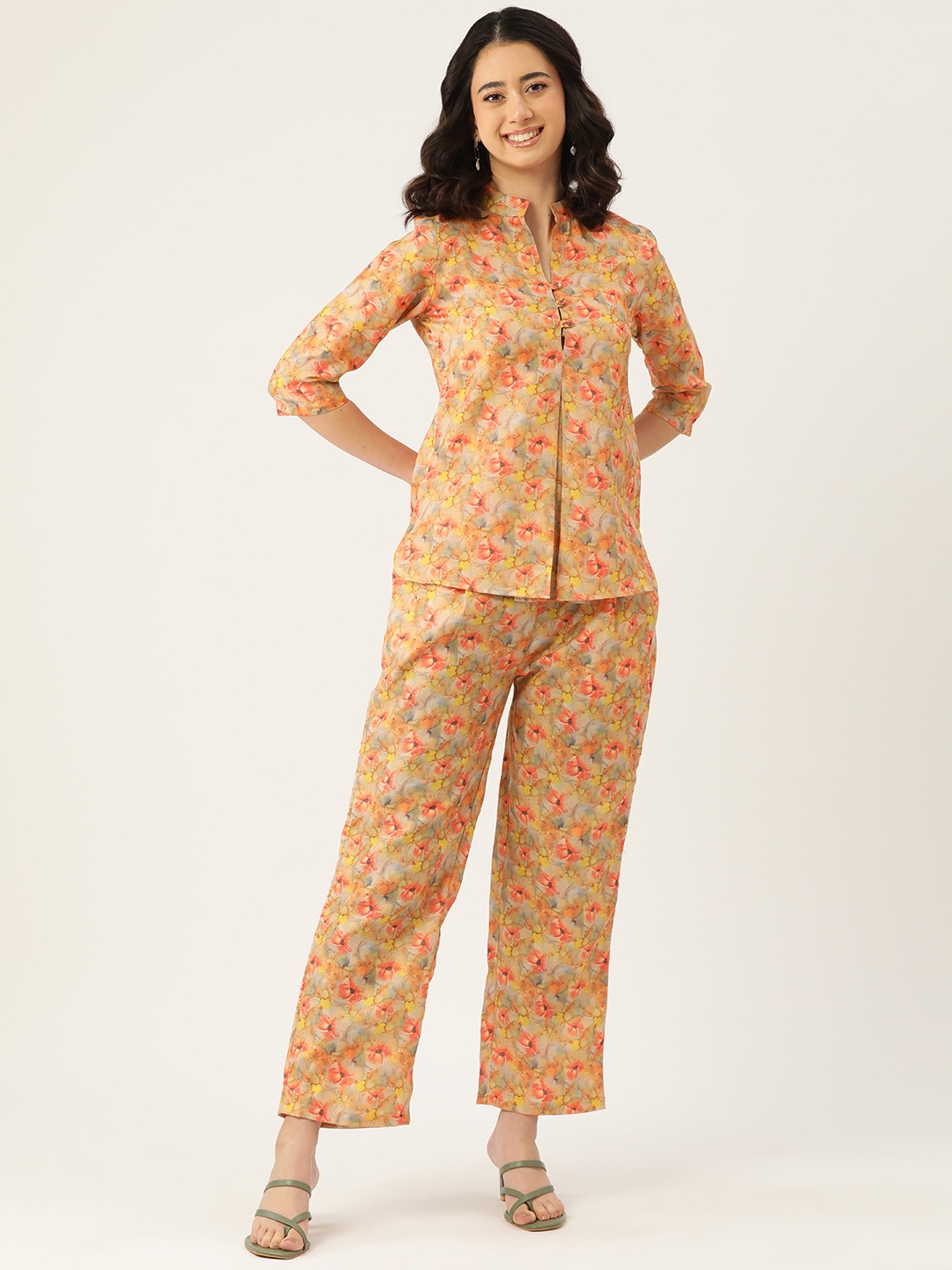 

Sleek Italia Women Floral Printed Linen Tunic with Trousers, Mustard