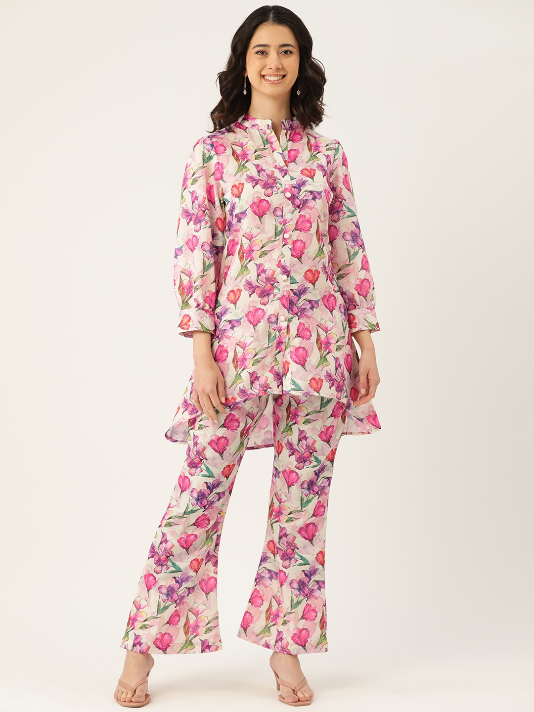 

Sleek Italia Women Floral Printed Linen Tunic with Trousers, Beige