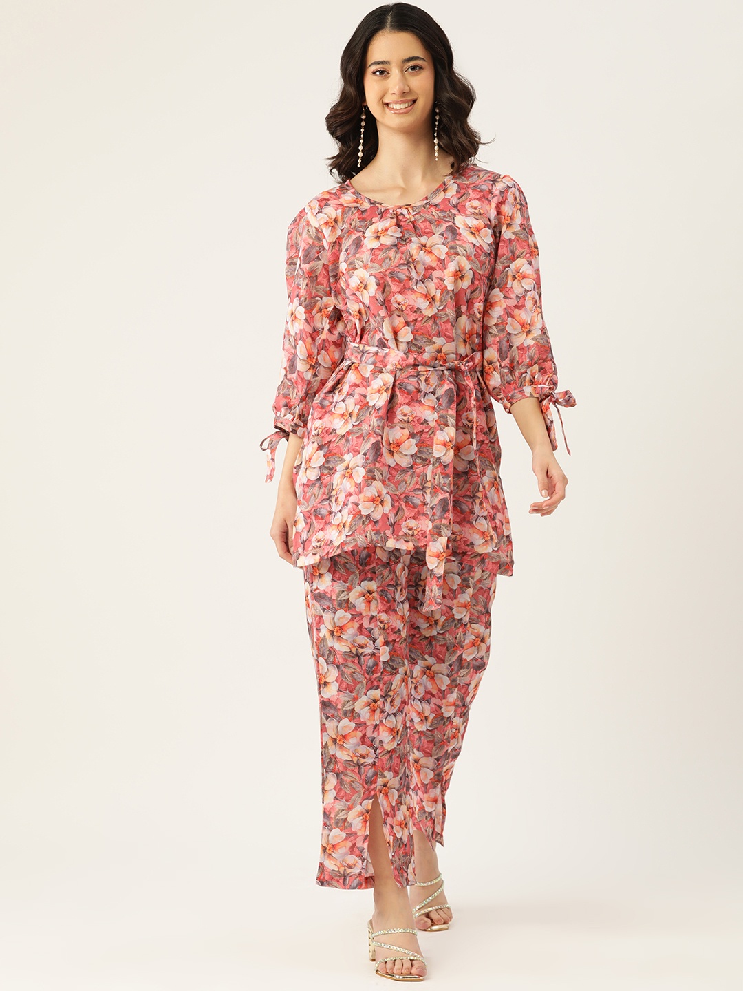 

Sleek Italia Women Floral Printed Linen Tunic with Trousers, Peach