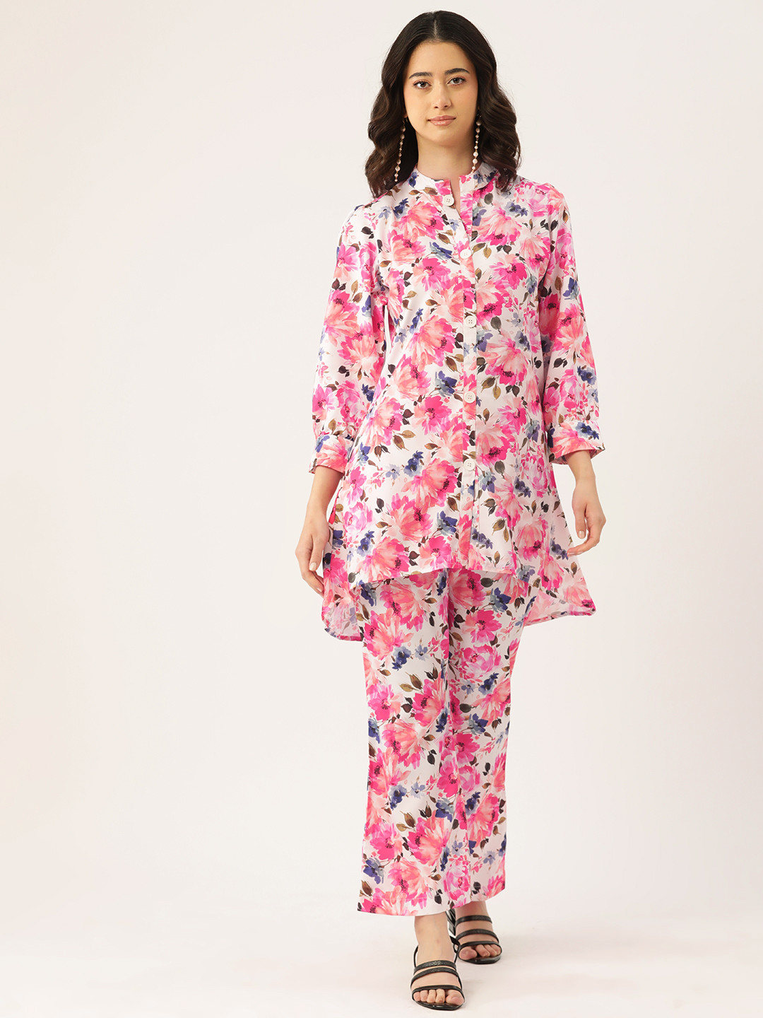 

Sleek Italia Women Floral Printed Tunic with Trousers, Pink