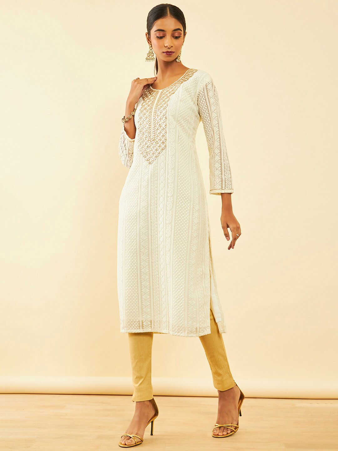 

Soch Floral Embroidered Thread Work Georgette Kurta, Cream