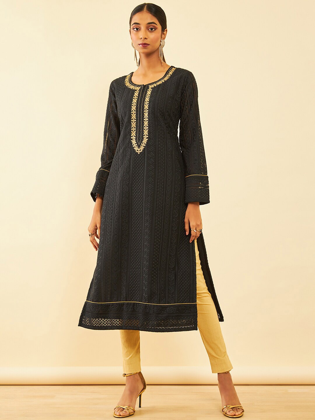 

Soch Embellished Thread Work Zari Georgette Kurta, Black