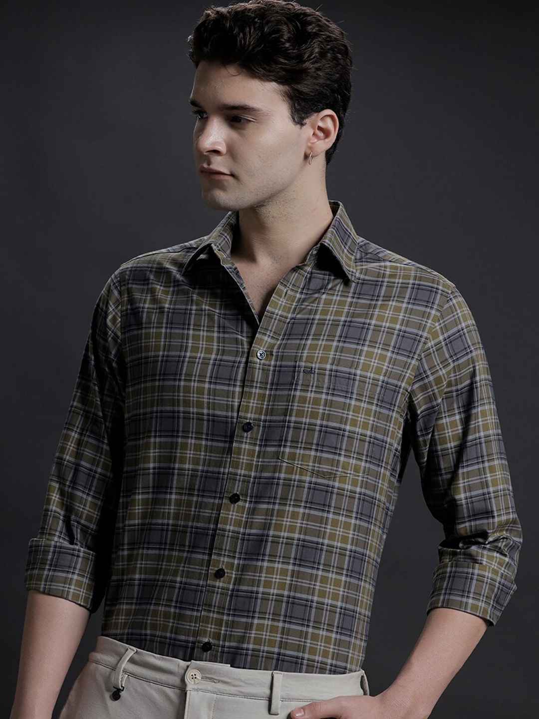 

Aldeno Comfort Checked Opaque Spread Collar Long Sleeves Cotton Casual Shirt, Green