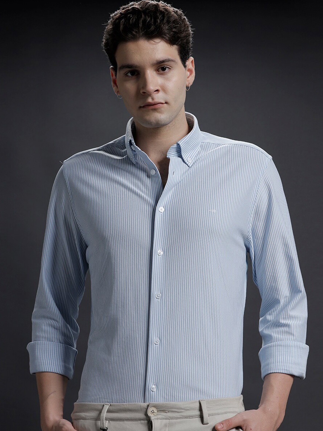 Aldeno Spread Collar Regular Fit Striped Formal Shirt, Blue