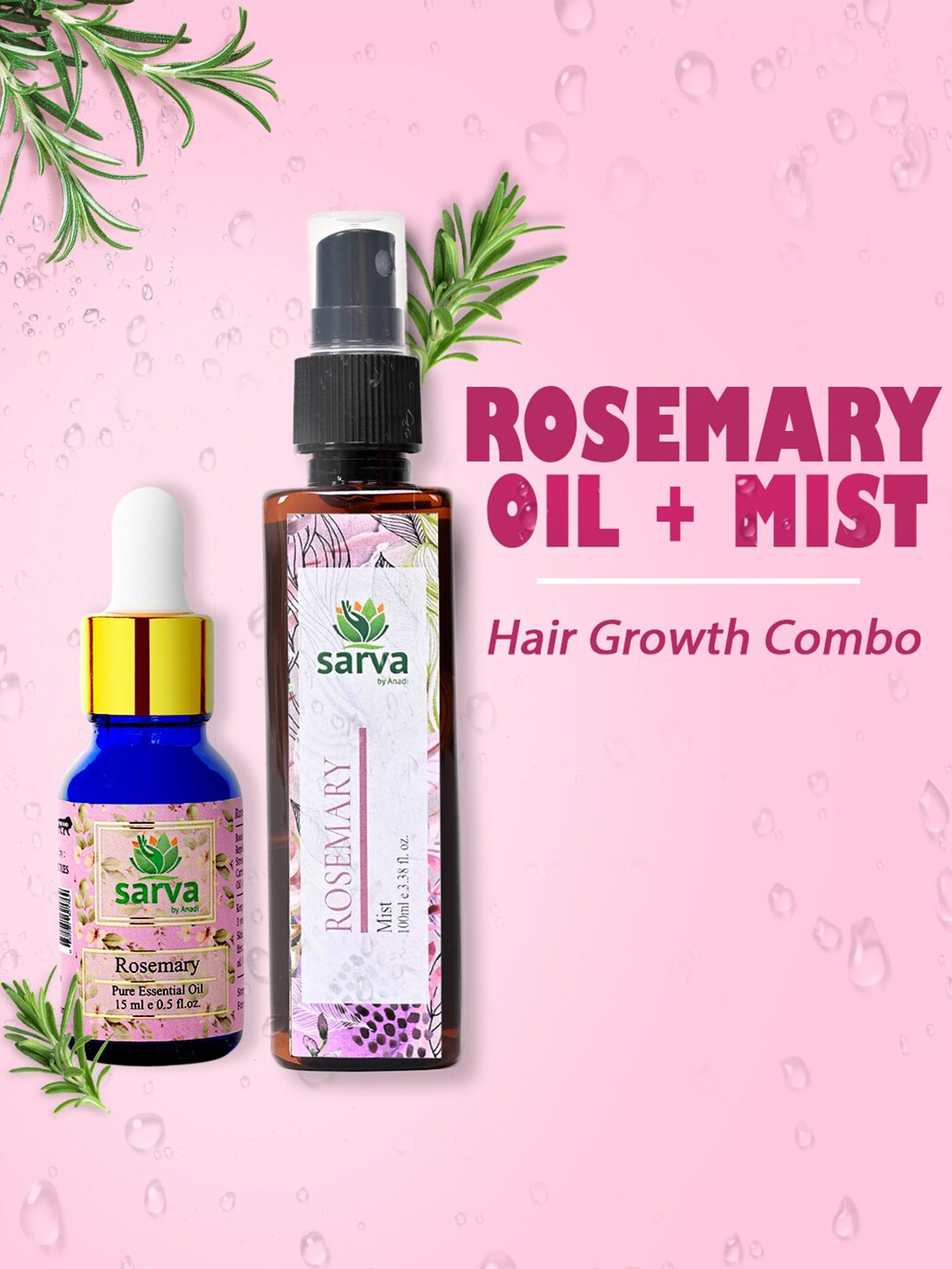 

SARVA by Anadi Rosemary Essential Oil 15ml & Hair Mist 100ml Combo for Hair Growth, Blue