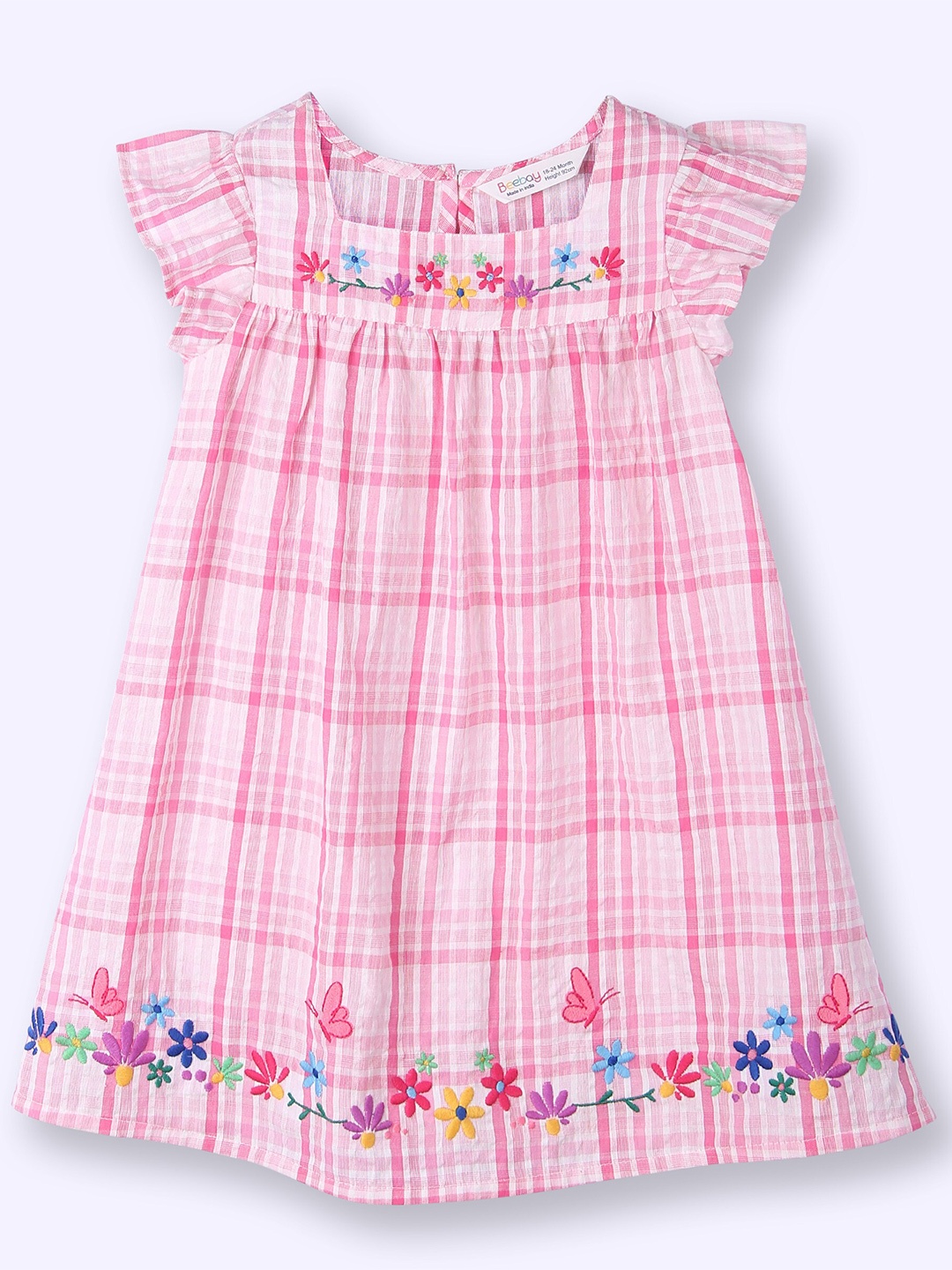 

Beebay Girls Checked Flared Sleeve Square Neck Frock, Pink