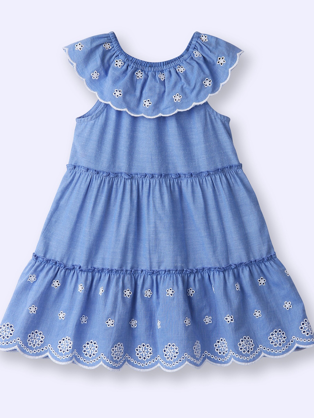 

Beebay Girls Schiffli Embroidered Round Neck Chambray Schiffli Tiered A-Line Dress, Blue