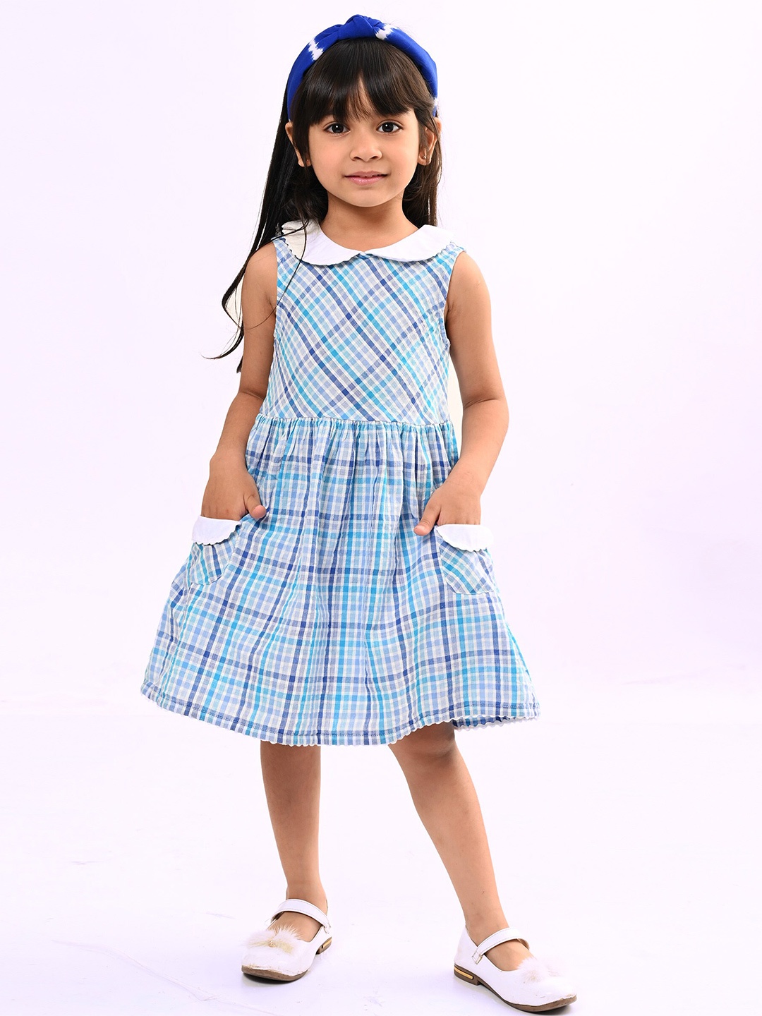 

Beebay Girls Peter Pan Collar Checked A-Line Dress, Blue