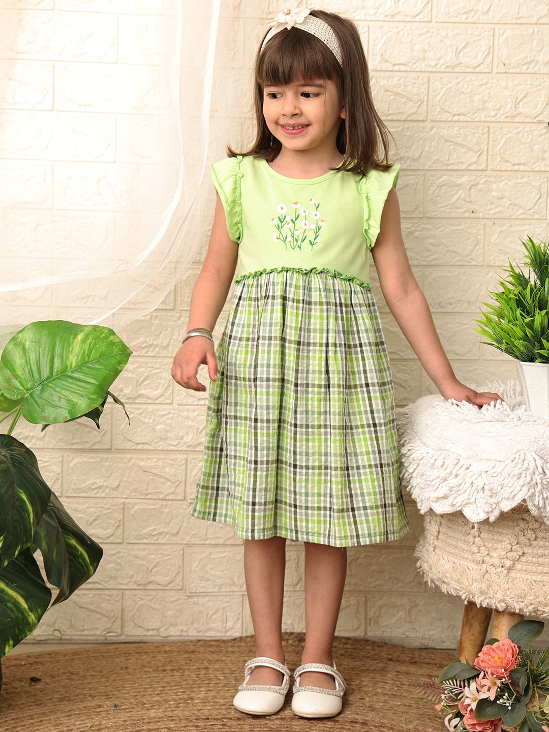

Beebay Girls Embroidered Flared Sleeve Fit & Flare Cotton Dress, Green