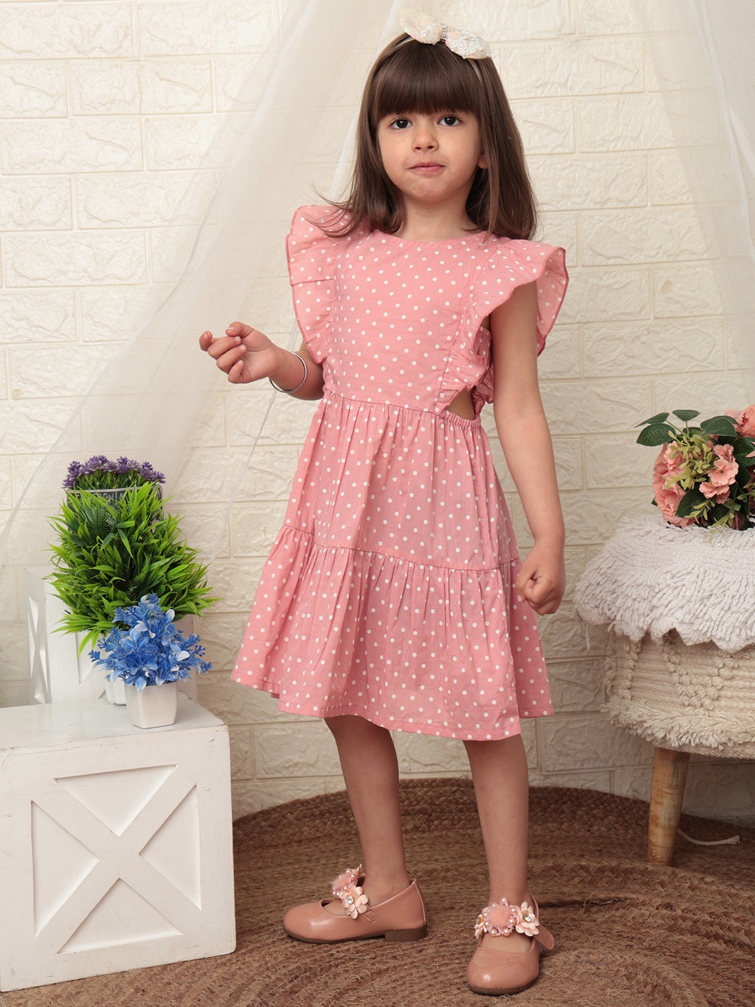 

Beebay Girls Cotton Polka Dot Print Flared Sleeve Cut-Out A-Line Dress, Pink