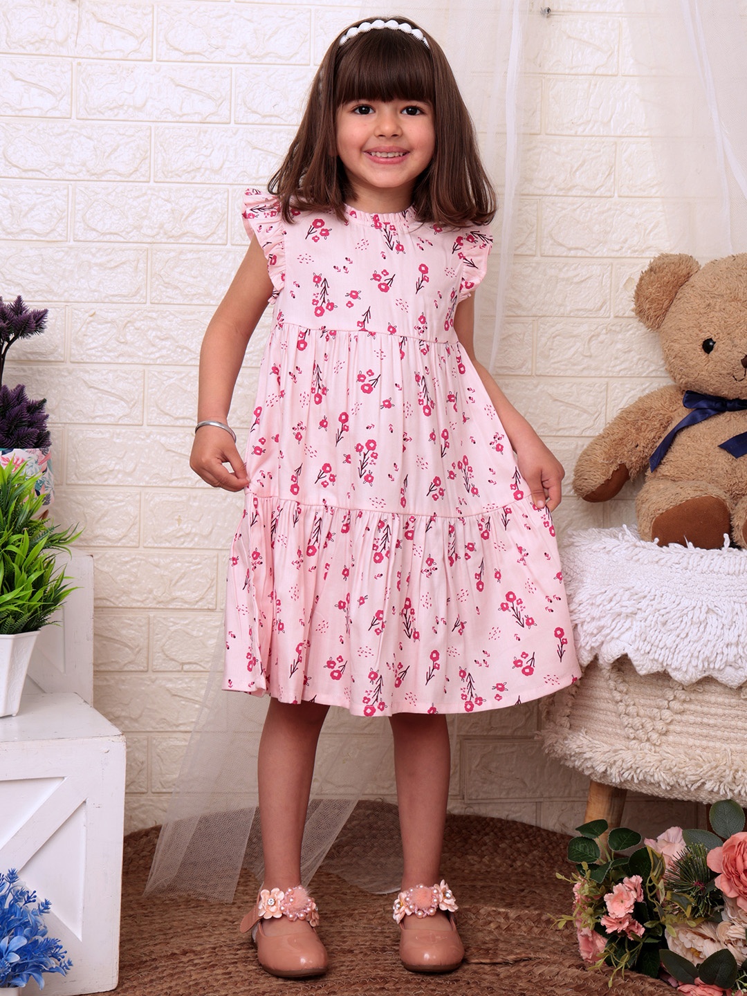 

Beebay Girls Floral Printed Round Neck Cotton Tiered Dress, Pink