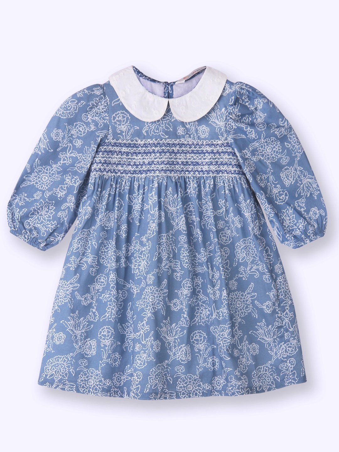 

Beebay Girls Floral Print Peter Pan Collar Smocked Cotton A-Line Dress, Blue